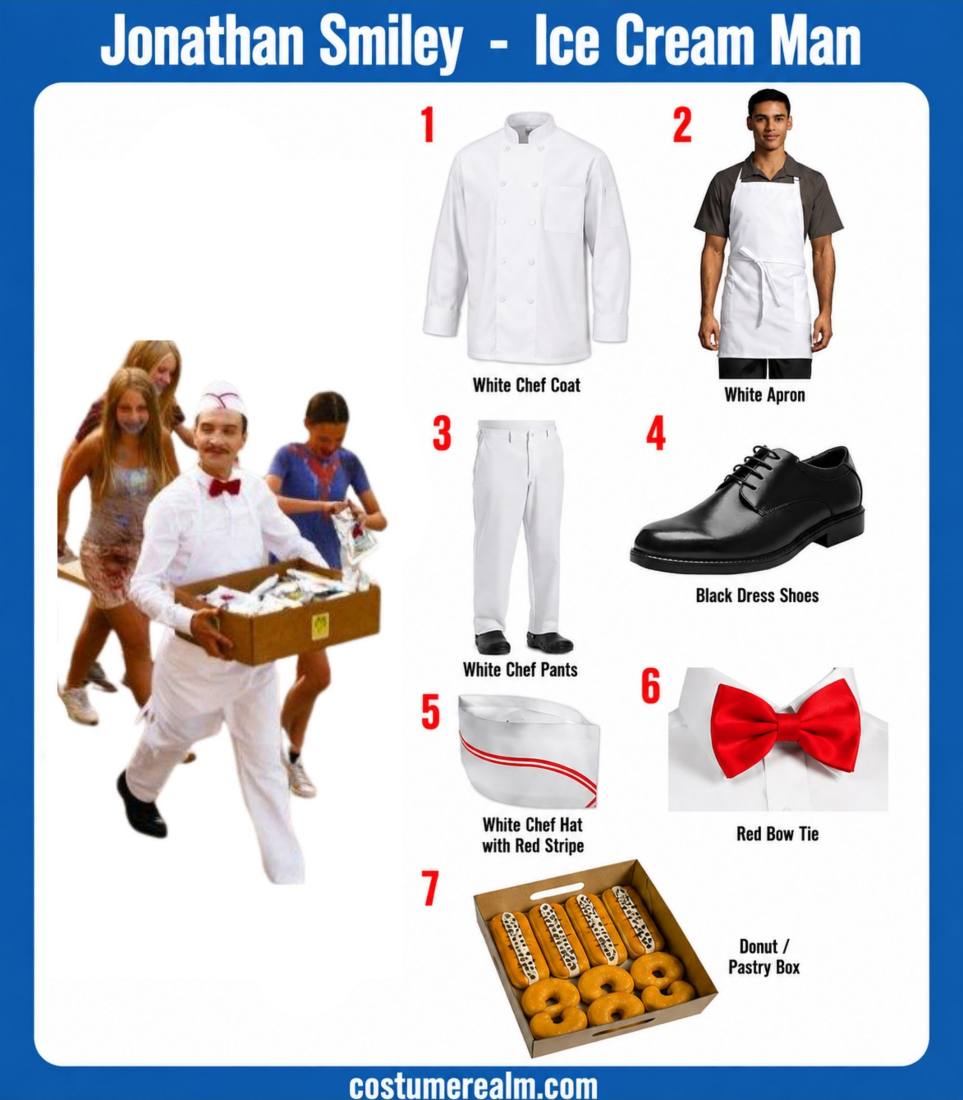 Jonathan Smiley Ice Cream Man Halloween costume infographic showing white chef coat, apron, pants, black dress shoes, red-trim paper chef hat, red bow tie, and pastry box