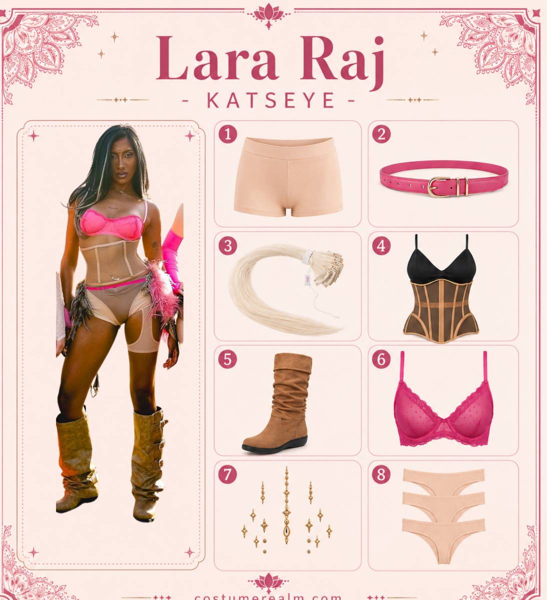 Lara Raj KATSEYE Coachella outfit infographic showing nude base shorts, pink belt, blonde hair extensions, nude mesh corset, tan boots, hot pink bra top, gold bindi set, and nude thong