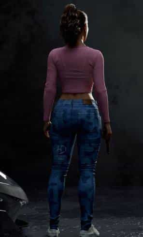 Back view of Lucia Caminos's GTA 6 outfit showing the crop top and camouflage jeans, reference for the Halloween costume