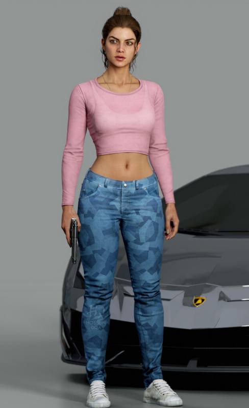 Lucia Caminos from GTA 6 wearing a pink long-sleeve crop top and blue camouflage skinny jeans, front view reference for the Halloween costume