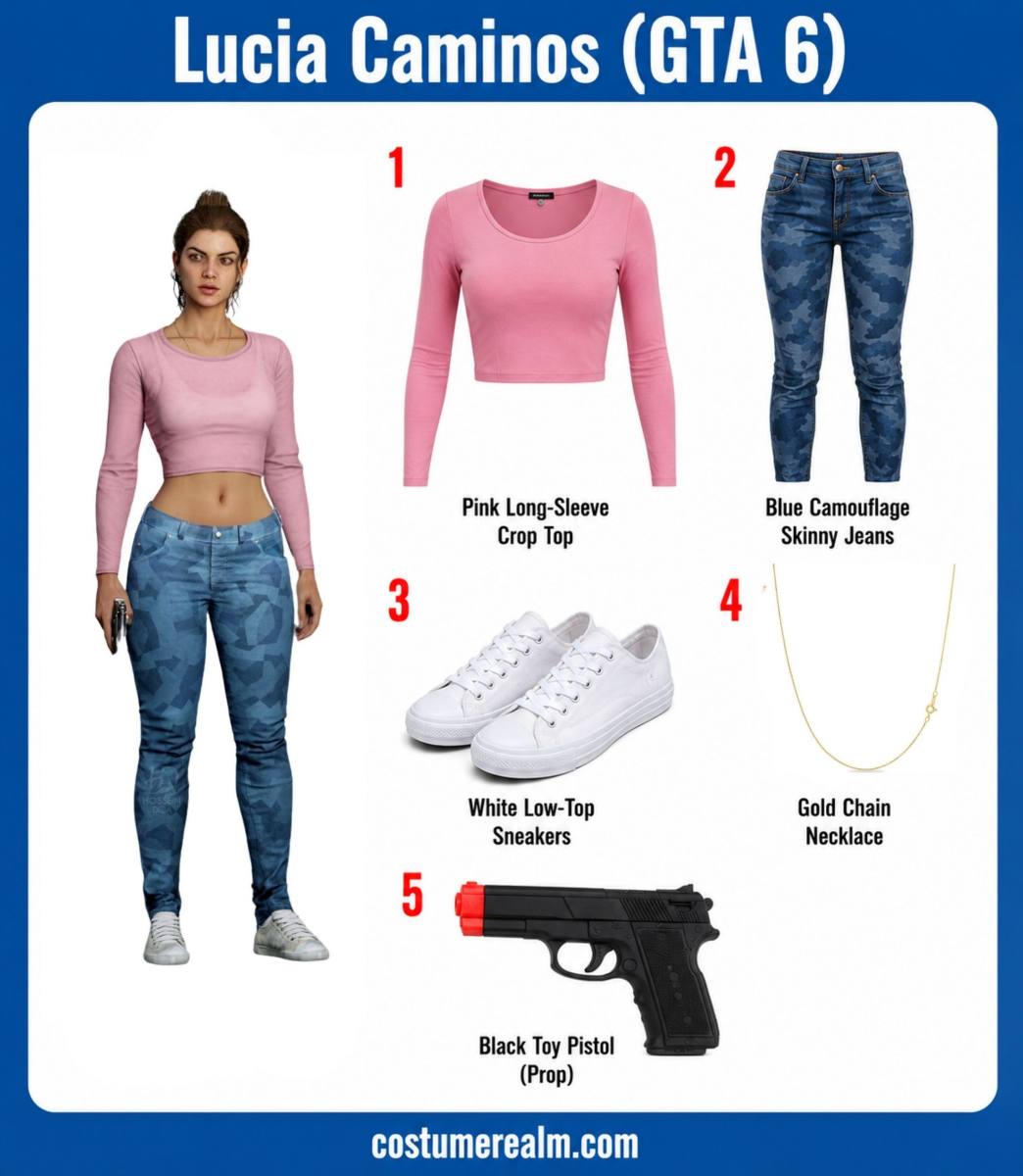 Lucia Caminos from GTA 6 Halloween costume infographic showing pink long-sleeve crop top, blue camouflage skinny jeans, white low-top sneakers, gold chain necklace, and black toy pistol prop