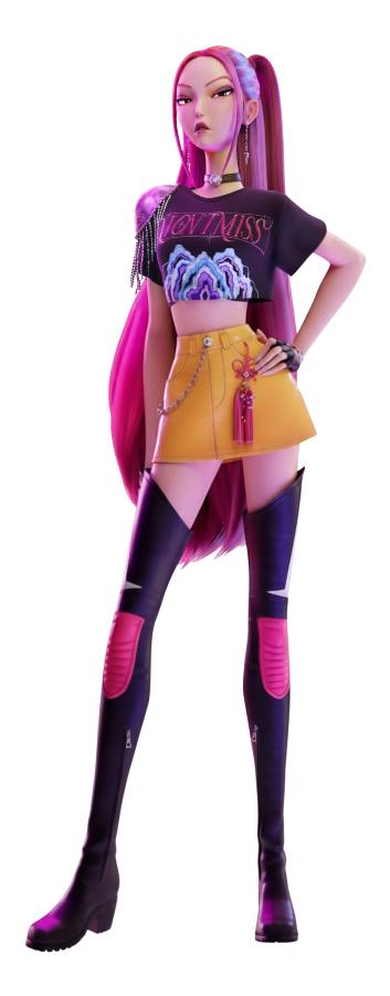 Full body reference of Mira's Halloween costume from KPop Demon Hunters showing the complete outfit with pink wig and Gok-do prop