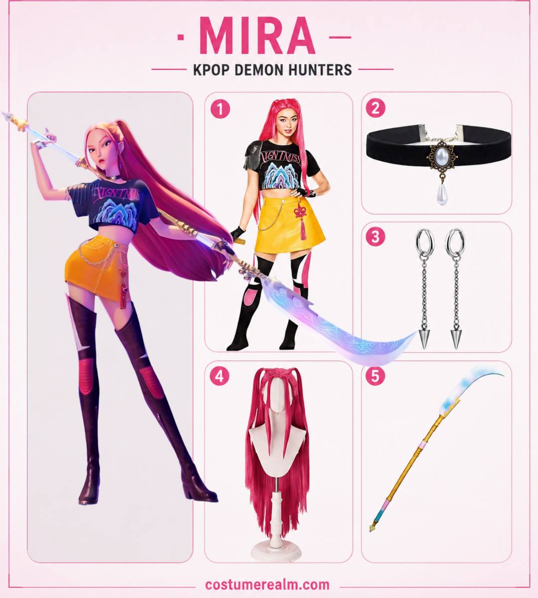 Mira from KPop Demon Hunters Halloween costume infographic showing the full cosplay outfit set, black velvet choker, silver hoop earrings, pink ponytail wig, and curved Gok-do prop