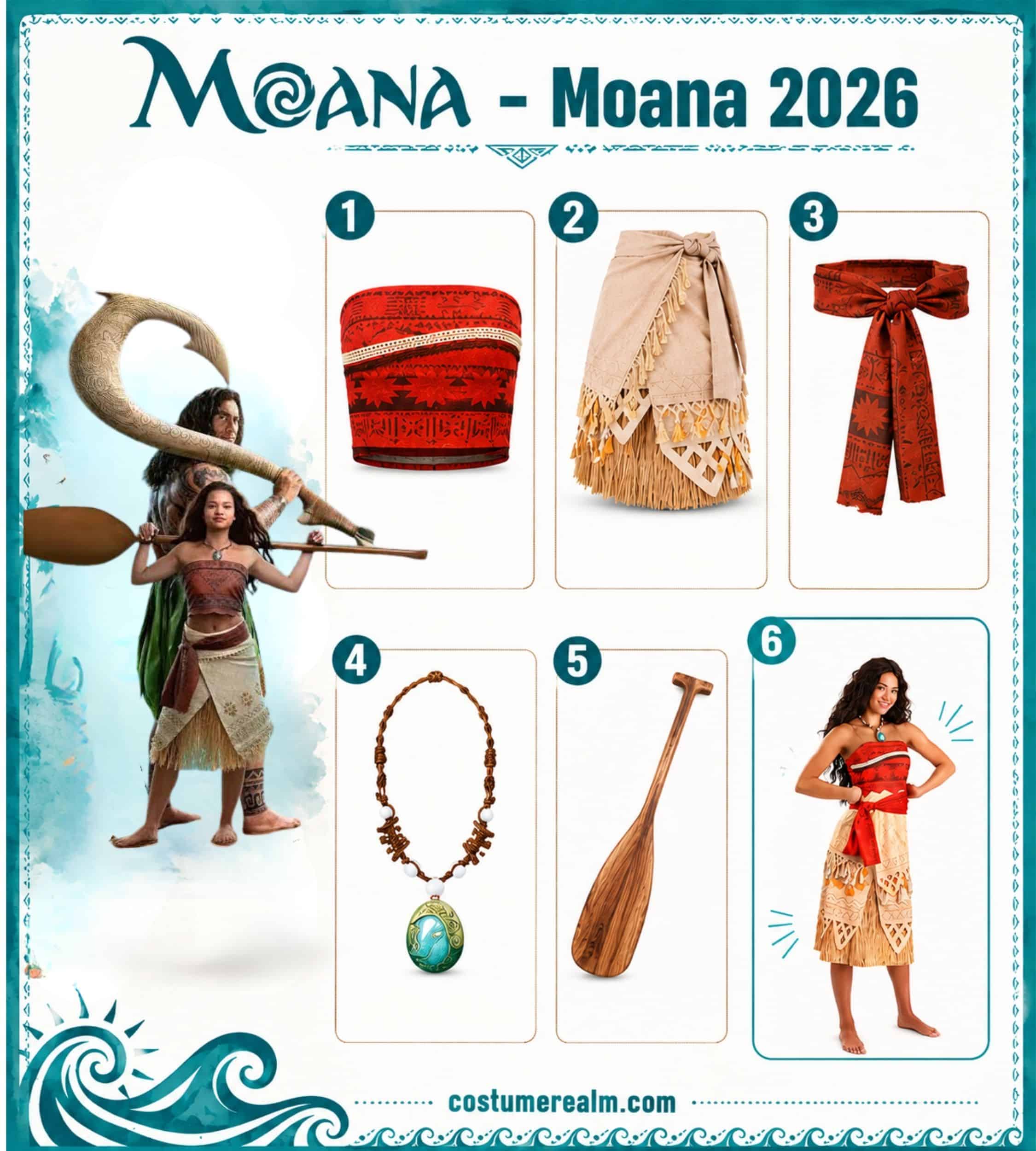 Moana from Moana 2026 Halloween costume infographic showing red patterned crop top, beige wrap skirt, waist sash, Heart of Te Fiti necklace, wooden oar prop, and full costume set alternative