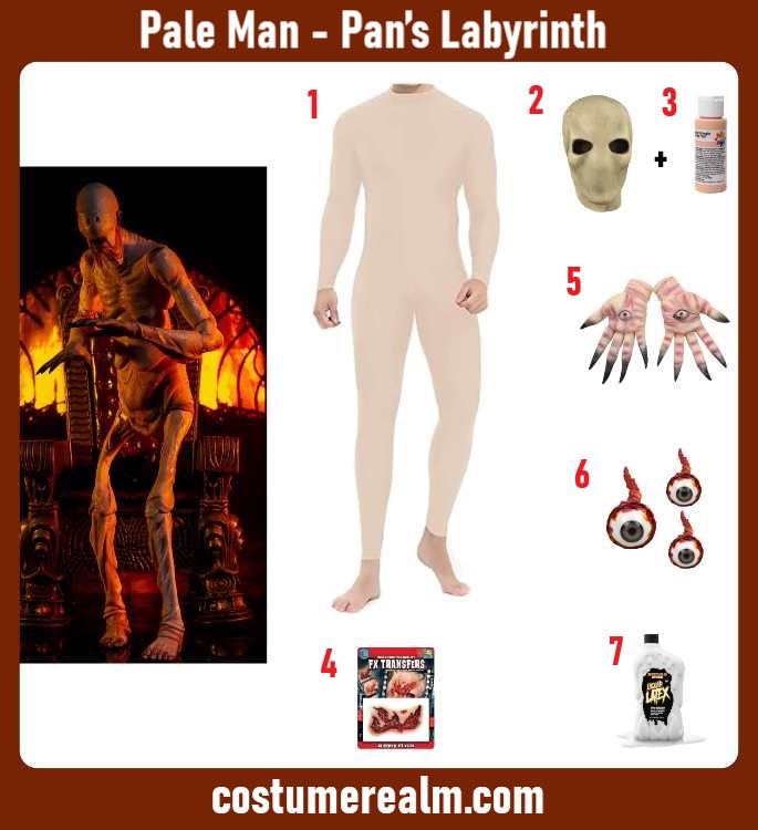 Pale Man from Pan's Labyrinth Halloween costume infographic showing mask, monster hands, eyeball prop, and zentai suit