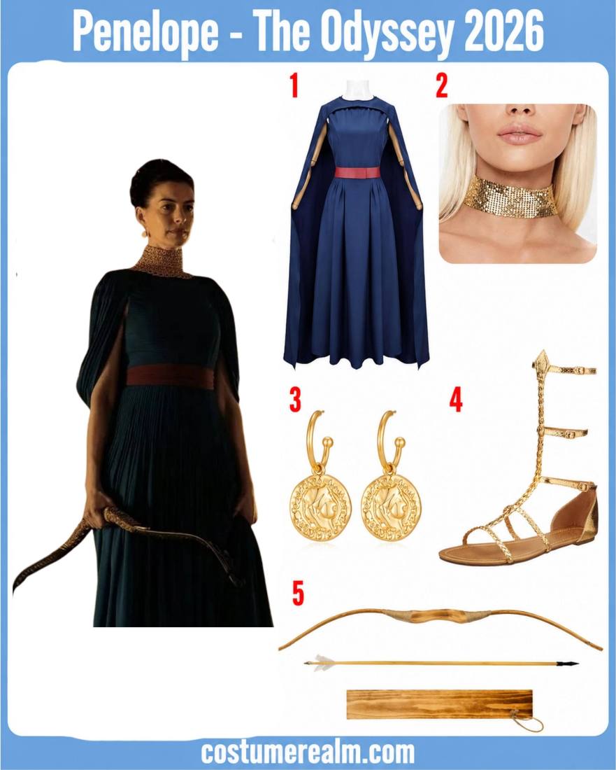 Penelope from The Odyssey Halloween costume infographic showing teal draped gown, cape, burgundy sash, gold mesh choker, gold drop earrings, wooden bow prop, and sandals