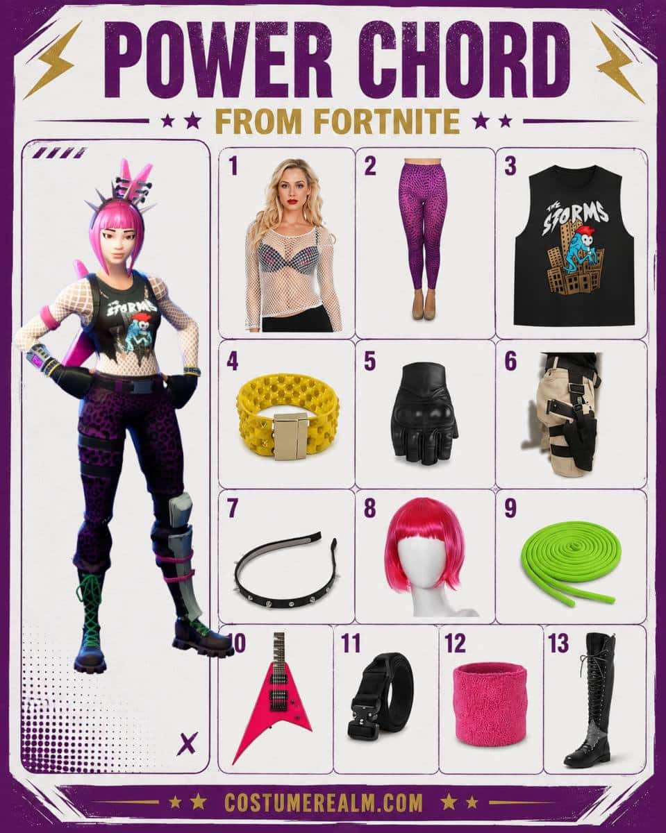 Power Chord from Fortnite cosplay infographic showing all 13 items including mesh top, leggings, muscle tank top, bangle, gloves, leg holster, hair band, pink wig, shoelaces, neon guitar, tactical belt, pink wristband, and thigh high boots