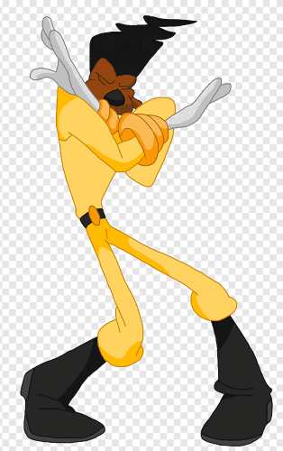 Powerline from A Goofy Movie in an action performance pose wearing the yellow atom suit jumpsuit, reference for the Halloween costume