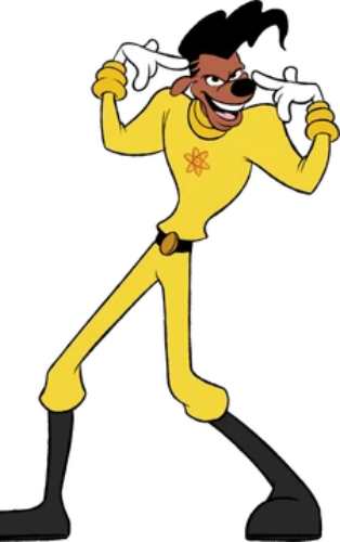 Powerline from A Goofy Movie wearing a yellow atom suit jumpsuit with an orange atom emblem, front view reference for the Halloween costume