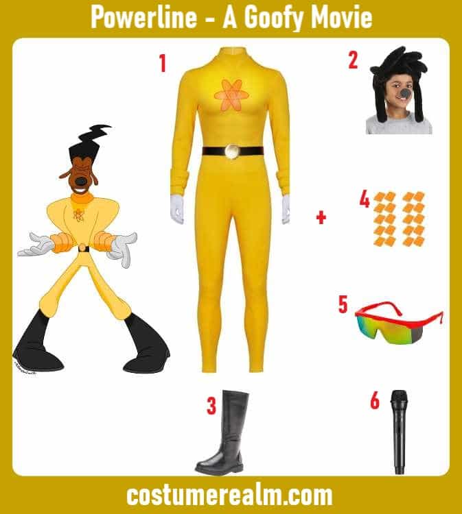 Powerline from A Goofy Movie Halloween costume infographic showing yellow atom suit jumpsuit, black quiff wig, black knee-high boots, orange cuff bands, black visor sunglasses, and black microphone prop