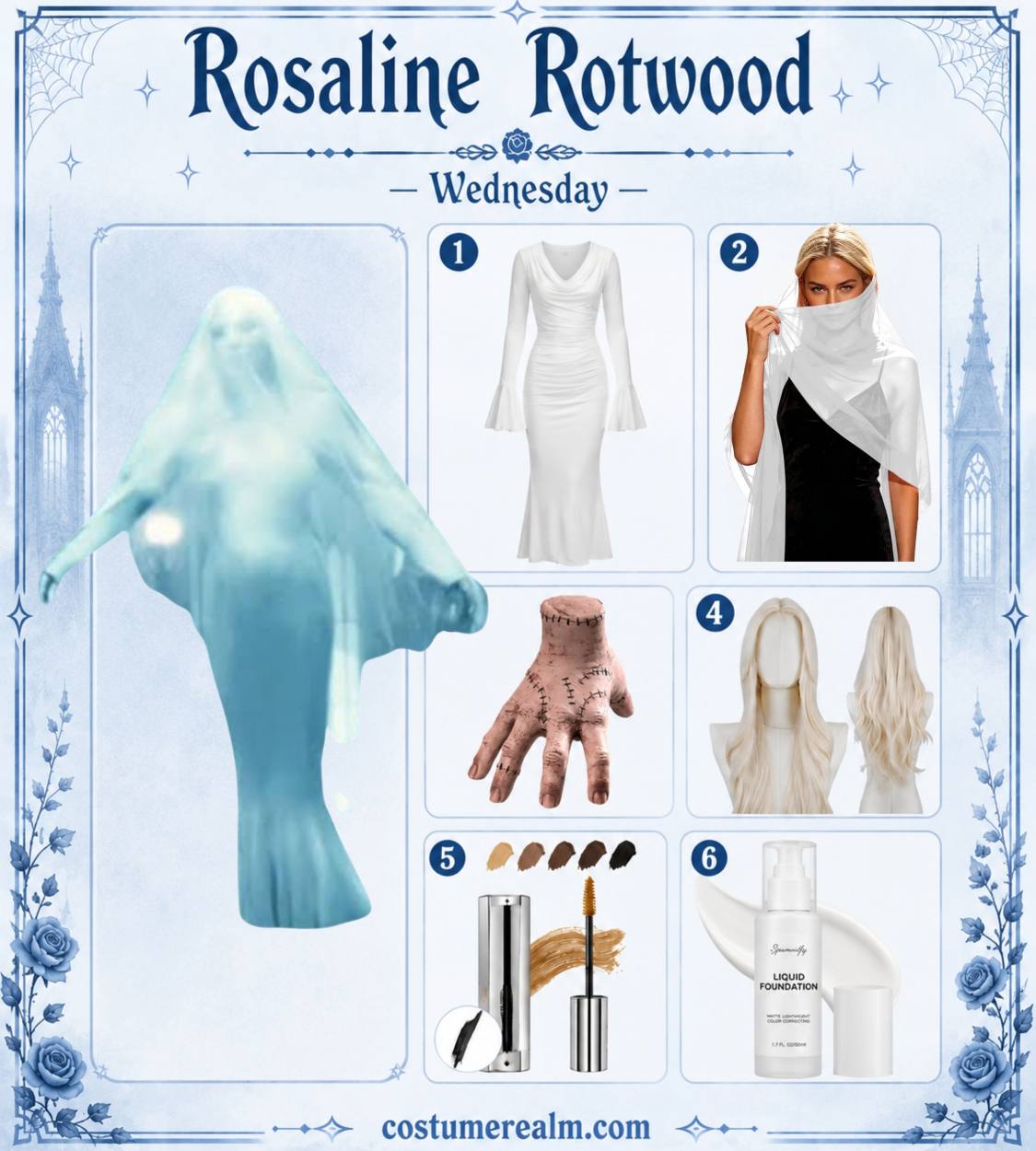 Rosaline Rotwood from Wednesday Halloween costume infographic showing white ruched maxi dress, sheer cathedral veil, platinum blonde wavy wig, white foundation, blonde eyebrow gel, and Thing hand prop