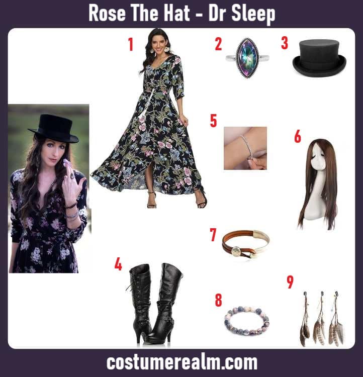 Rose the Hat from Doctor Sleep Halloween costume infographic showing floral V-neck maxi dress, black low top hat, black knee-high boots, dark brown wavy wig, and layered leather and stone bracelets