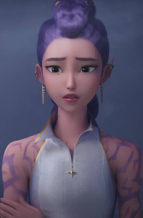 Close-up reference of Rumi's serious expression and purple braided hairstyle from KPop Demon Hunters