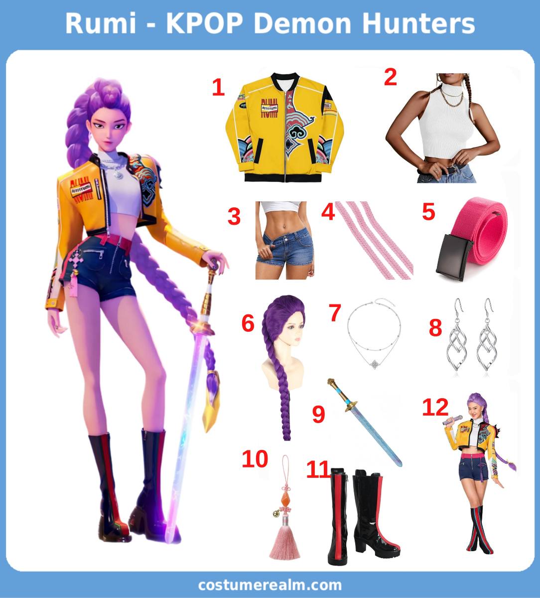Rumi from KPop Demon Hunters Halloween costume infographic showing purple braided wig, cropped jacket, denim shorts, and glowing sword prop