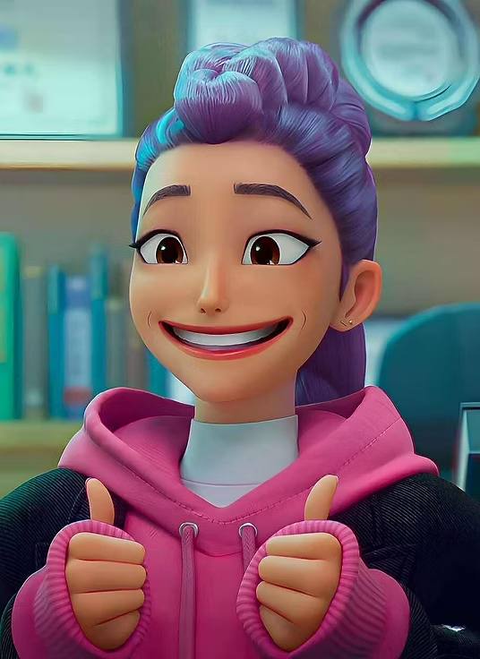 Rumi from KPop Demon Hunters giving a thumbs up in full purple wig and jacket costume reference