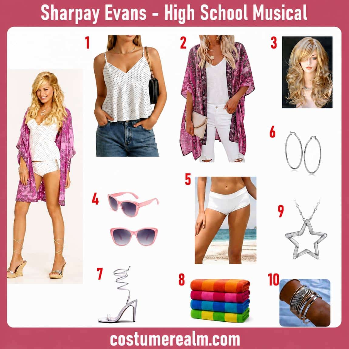 Sharpay Evans from High School Musical 2 Halloween costume infographic showing pink sheer kimono cover-up, white polka dot cami tank top, blonde wig, pink cat-eye sunglasses, white swim bottoms, silver hoop earrings, white strappy sandals, pink striped towel, silver star necklace, and silver bangle bracelets