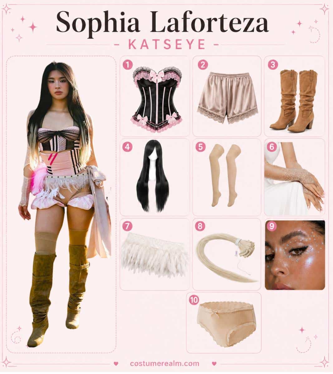 Sophia Laforteza KATSEYE Coachella outfit infographic showing black and pink striped corset top, nude satin shorts, tan boots, black wig, nude stockings, arm sleeve, feather trim, blonde extensions, face jewels, and lace underwear