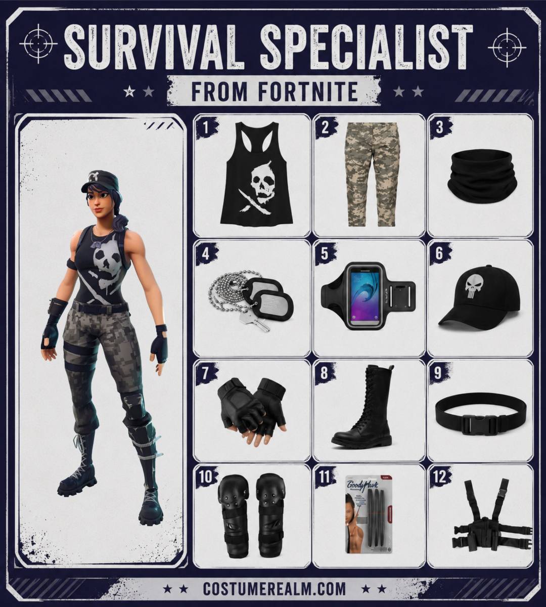 Survival Specialist from Fortnite cosplay infographic showing skull tank top, military cargo pants, wristband, dog tag, running armband, skull cap, fingerless gloves, combat boots, tactical belt, knee protectors, tattoo marker, and leg holster as a complete 12-item build