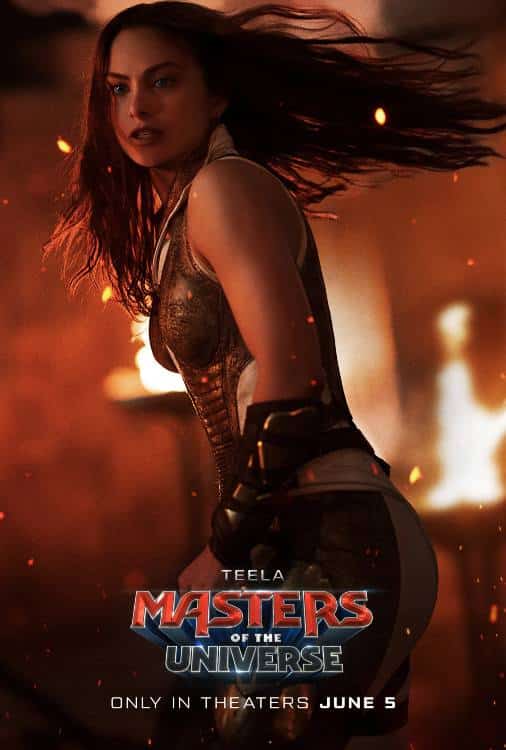 Teela from the 2026 Masters of the Universe movie wearing her gold-accented armor jumpsuit, movie poster reference for the Halloween costume