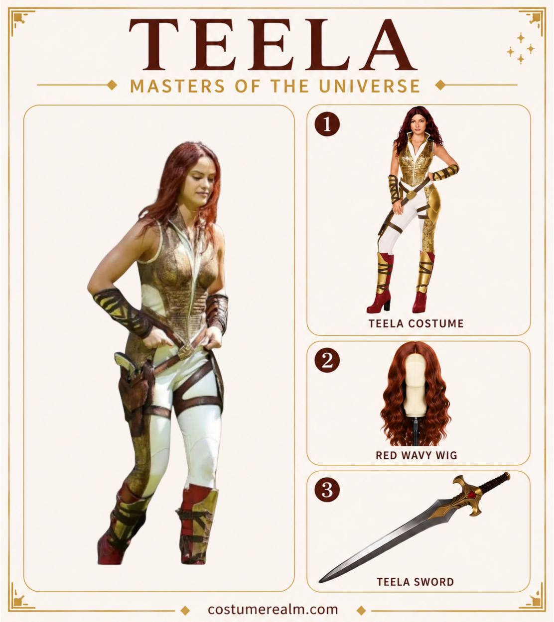 Teela from Masters of the Universe Halloween costume infographic showing gold-accented armor jumpsuit, auburn wavy long wig, and prop sword