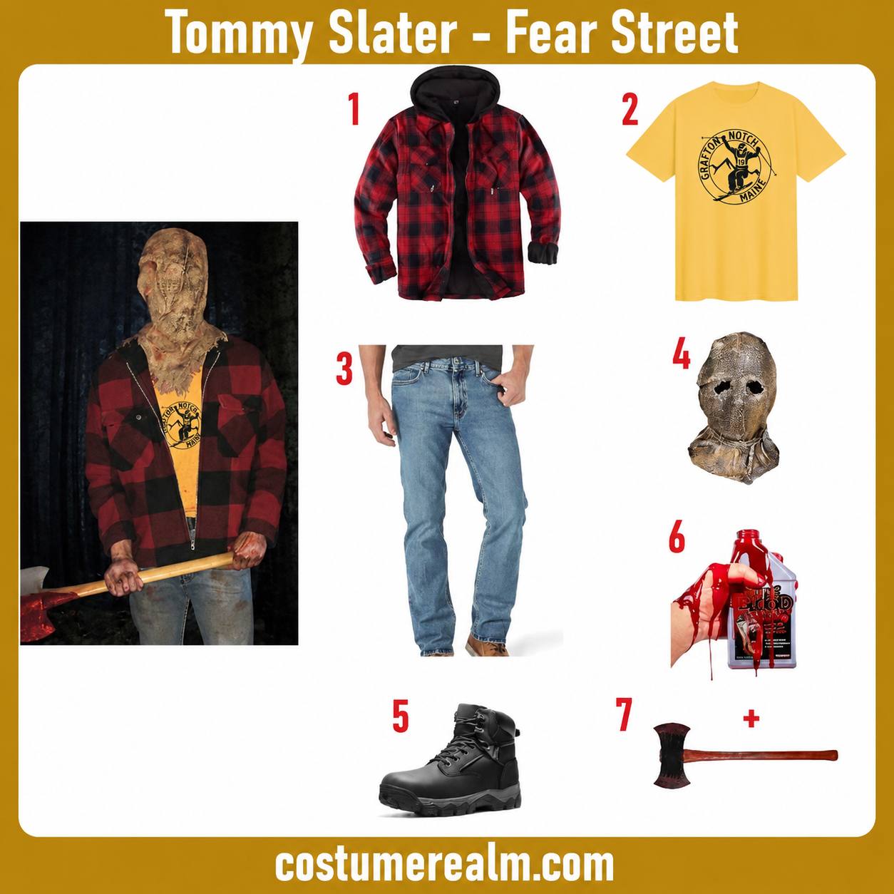 Tommy Slater from Fear Street Part Two 1978 Halloween costume infographic showing red and black plaid flannel jacket, yellow graphic t-shirt, light wash jeans, burlap sack mask, black work boots, fake blood, and axe prop