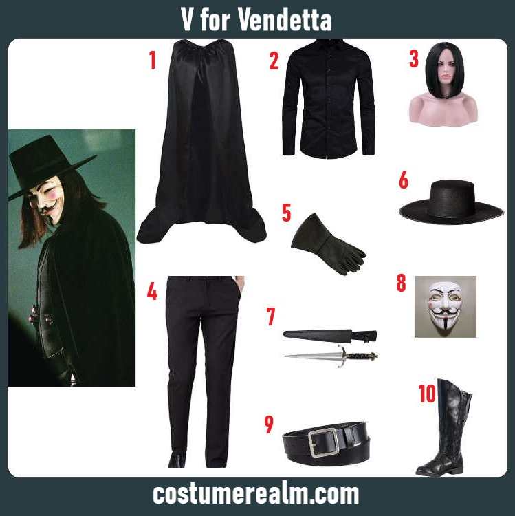 V from V for Vendetta Halloween costume infographic showing long black cloak, Guy Fawkes mask, wide-brim hat, gauntlet gloves, and a prop dagger
