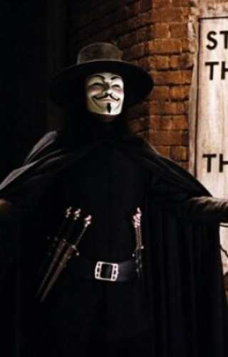 V from V for Vendetta standing in the black cloak and wide-brim hat, full standing pose reference for the Halloween costume