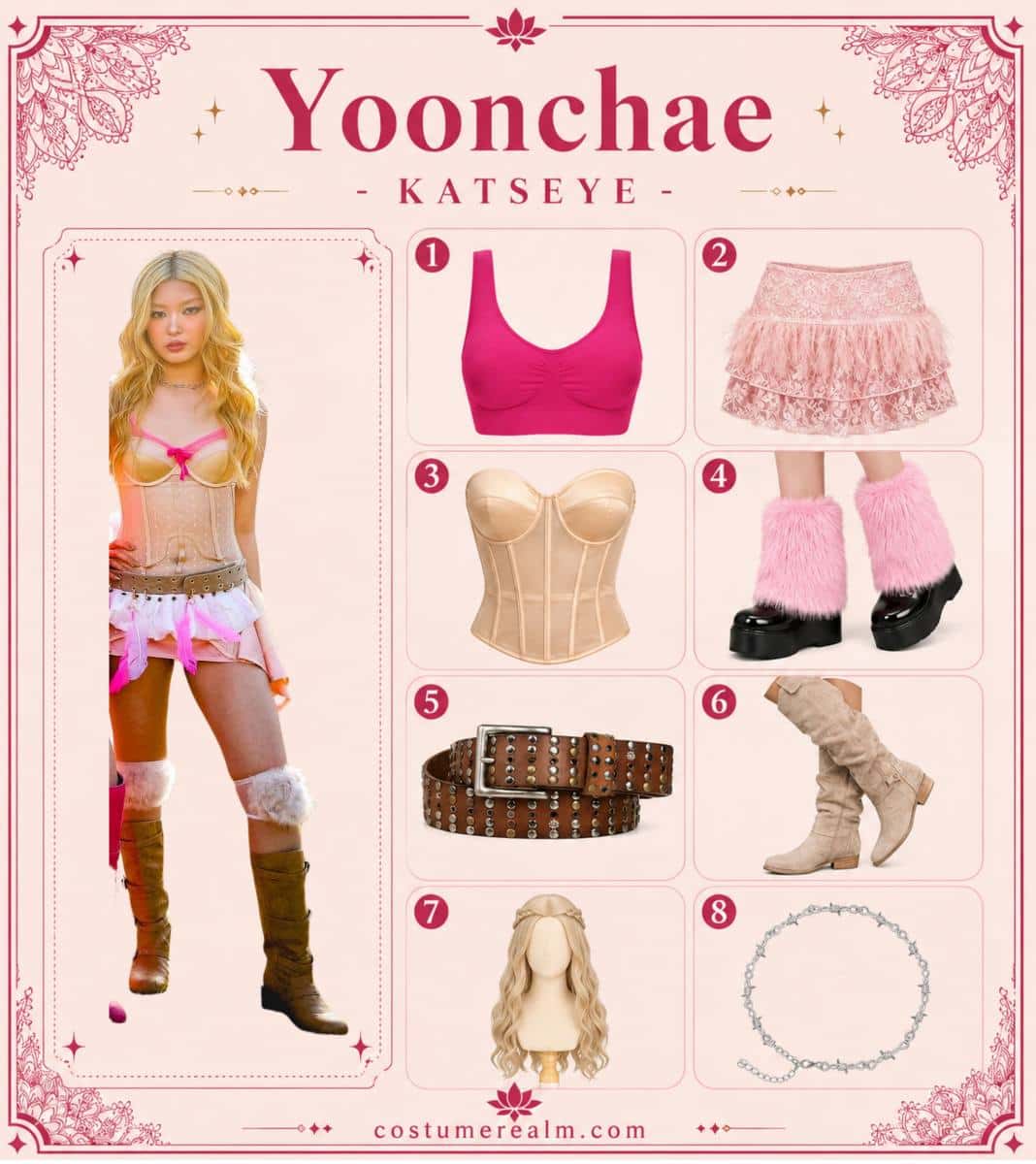 Yoonchae KATSEYE Coachella outfit infographic showing hot pink bra, feather trimmed pink skirt, nude mesh corset top, fuzzy pink leg warmers, brown studded belt, tan boots, blonde wig, and silver barbed wire choker