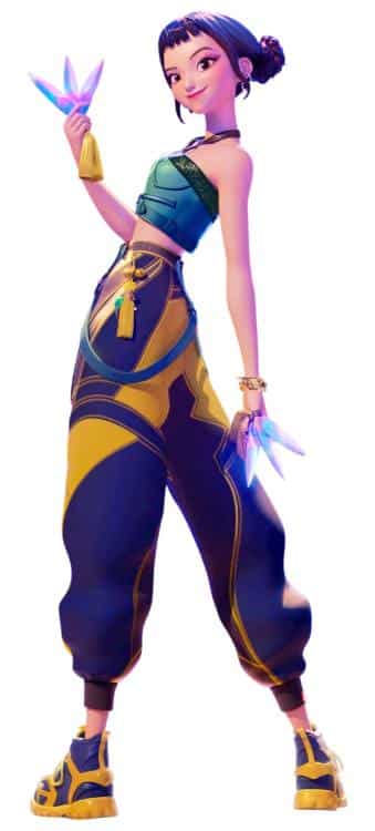 Zoey from KPop Demon Hunters in full costume, double-bun wig, and cropped outfit reference for group costume ideas