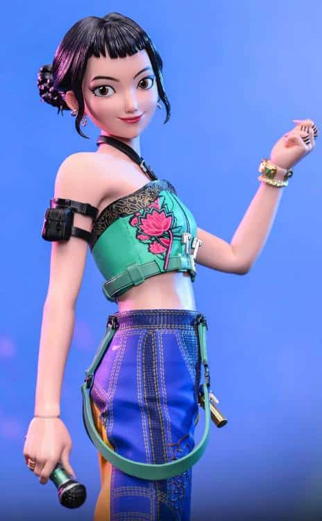 Zoey from KPop Demon Hunters holding a microphone, reference for her rapper and lyricist role in HUNTR/X