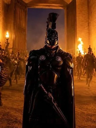 Agamemnon in full black armor and cloak from The Odyssey 2026, reference for the Halloween costume build