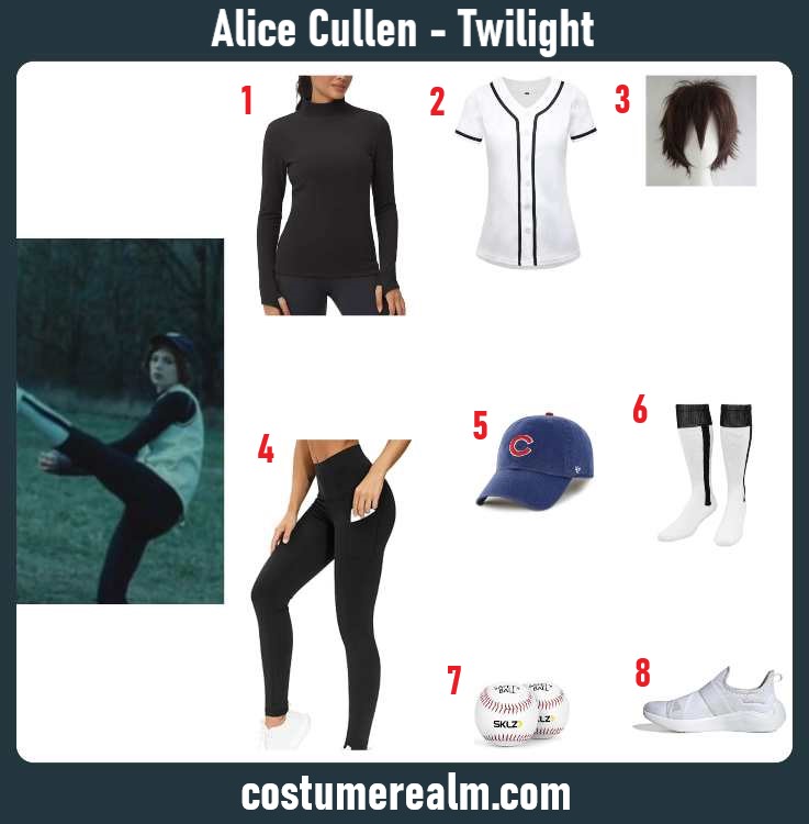 Alice Cullen Twilight Halloween costume infographic showing baseball jersey, black base layer, leggings, wig, cap, socks, and sneakers