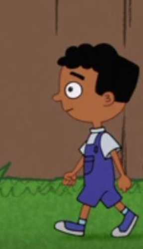 Baljeet from Phineas and Ferb wearing the blue overalls and curly hair