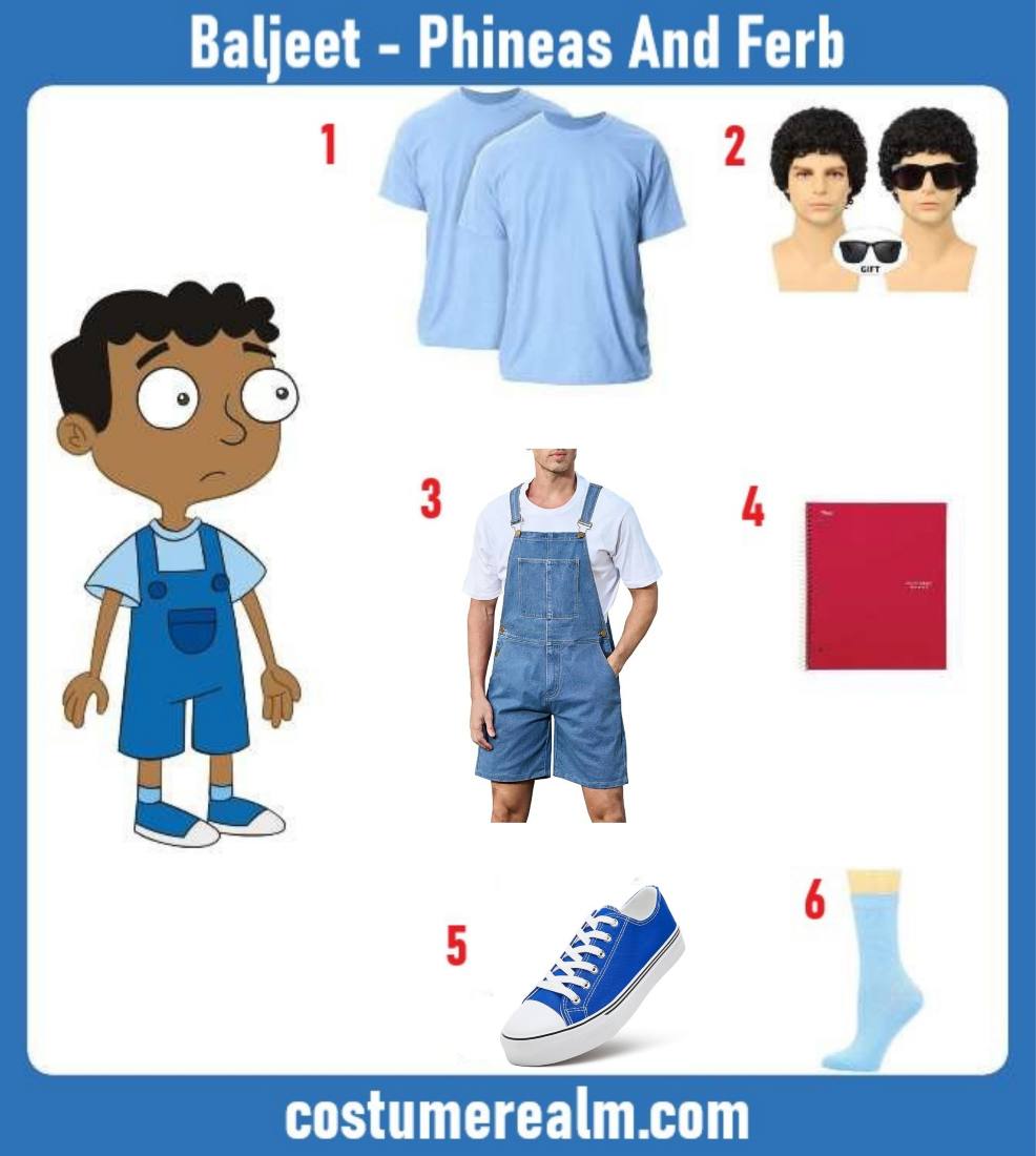 Baljeet from Phineas and Ferb Halloween costume infographic showing blue overalls, curly wig, and notebook prop