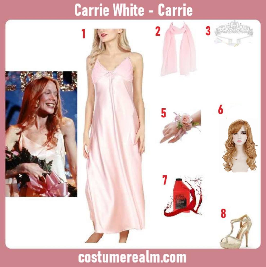 Carrie White Halloween costume infographic showing pink prom dress, tiara, sash, and fake blood