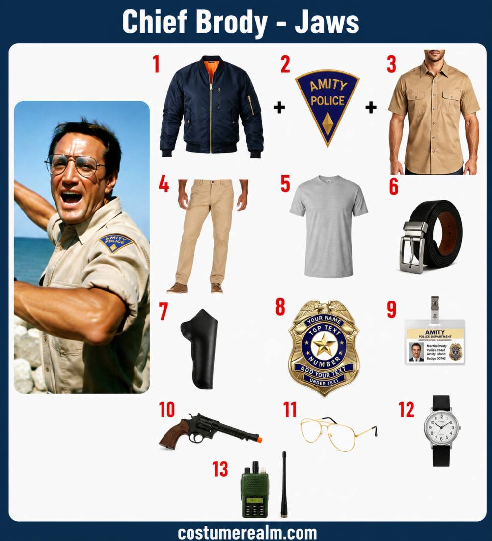 Chief Brody from Jaws Halloween costume infographic showing tan police uniform, badge, and aviator glasses
