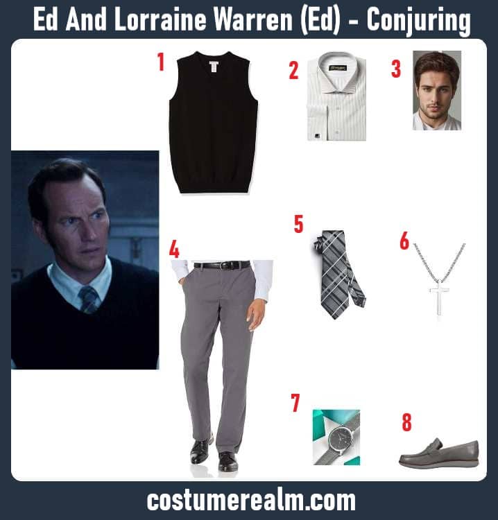 Ed Warren from The Conjuring Halloween costume infographic showing sweater vest, dress shirt, and cross pendant