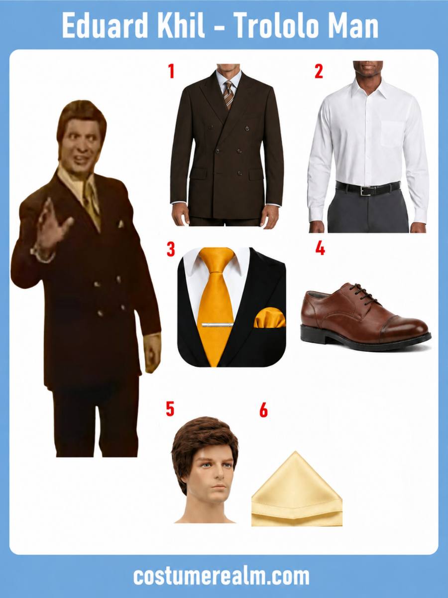 Eduard Khil Halloween costume infographic showing brown double-breasted suit, white dress shirt, gold necktie, brown dress shoes, short brown wig, and cream pocket square