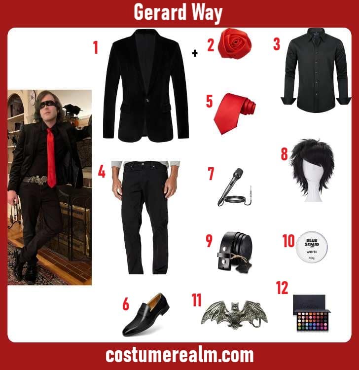 Gerard Way Halloween costume infographic showing black velvet blazer, red tie, red rose, black jeans, bat belt buckle, and short messy wig