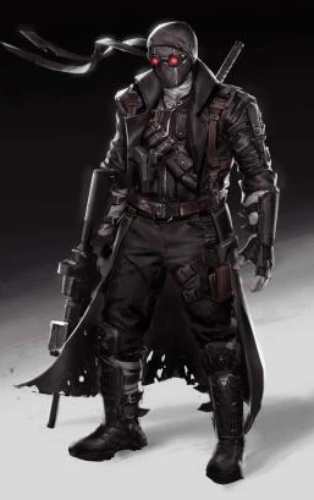 Hank J. Wimbleton from Madness Combat wearing the trench coat, bandages, and red-lens goggles