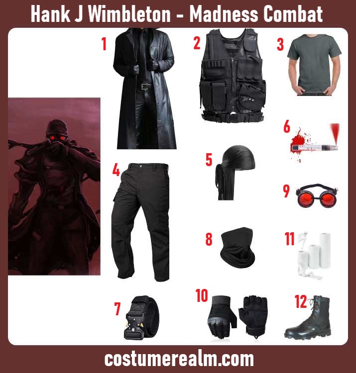 Hank J. Wimbleton from Madness Combat Halloween costume infographic showing trench coat, tactical vest, goggles, and bandages