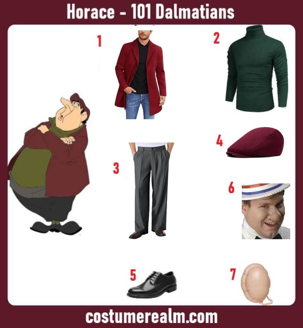 Horace from 101 Dalmatians Halloween costume infographic showing burgundy overcoat, flat cap, and inflatable belly suit