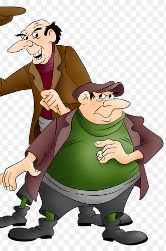 Horace and Jasper from 101 Dalmatians standing together in their matching coats and flat caps