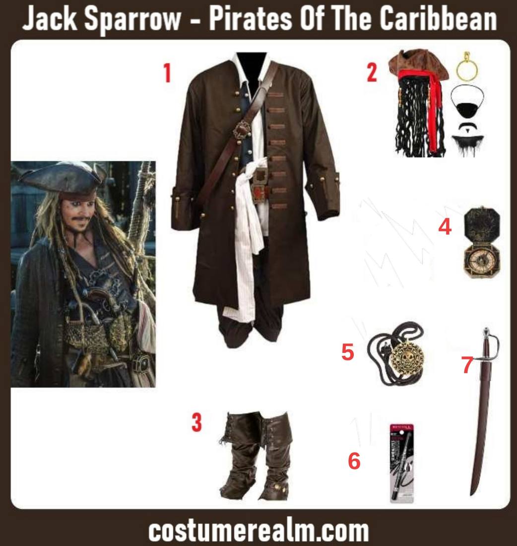 Jack Sparrow Halloween costume infographic showing pirate coat set, tricorn hat with dreadlock wig, boots, compass, skull necklace, and sword