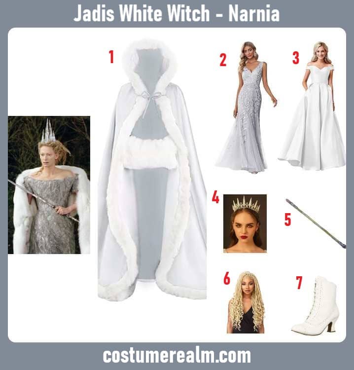 Jadis the White Witch Halloween costume infographic showing white fur trim cape, icy silver dress, ice crystal crown, magic wand, blonde wig, and white boots