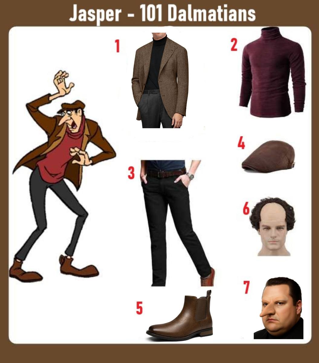 Jasper from 101 Dalmatians Halloween costume infographic showing brown herringbone blazer, flat cap, and hooked prosthetic nose