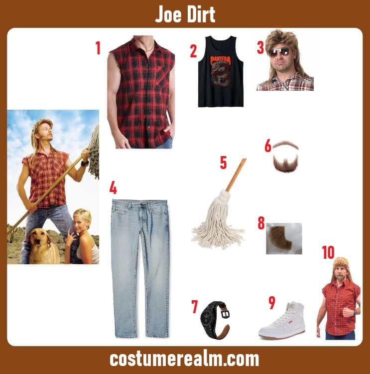 Joe Dirt Halloween costume infographic showing red plaid flannel shirt, Pantera tank top, mullet wig, acid wash jeans, mustache, sideburns, watch, sneakers, and mop