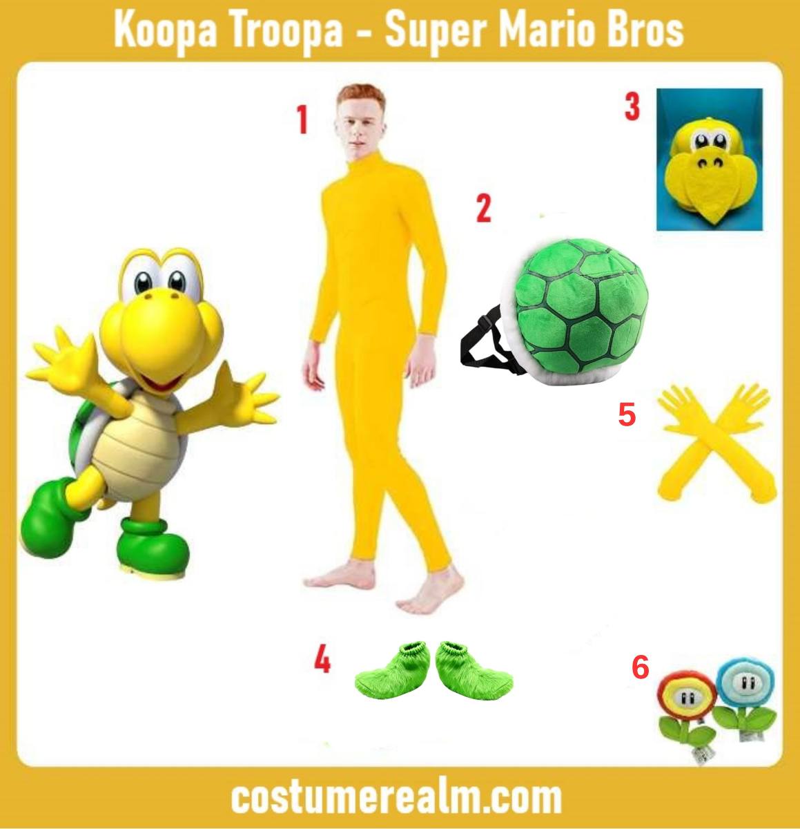 Koopa Troopa from Super Mario Bros Halloween costume infographic showing yellow bodysuit, green shell backpack, and plush head hat