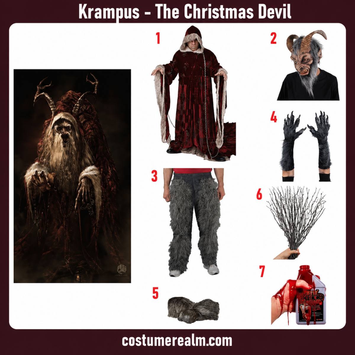 Krampus from The Christmas Devil Halloween costume infographic showing dark robe, mask, fur pants, and birch branch prop