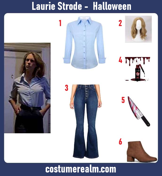 Laurie Strode from Halloween 1978 costume infographic showing blue button-down shirt, flare jeans, and bloody knife prop
